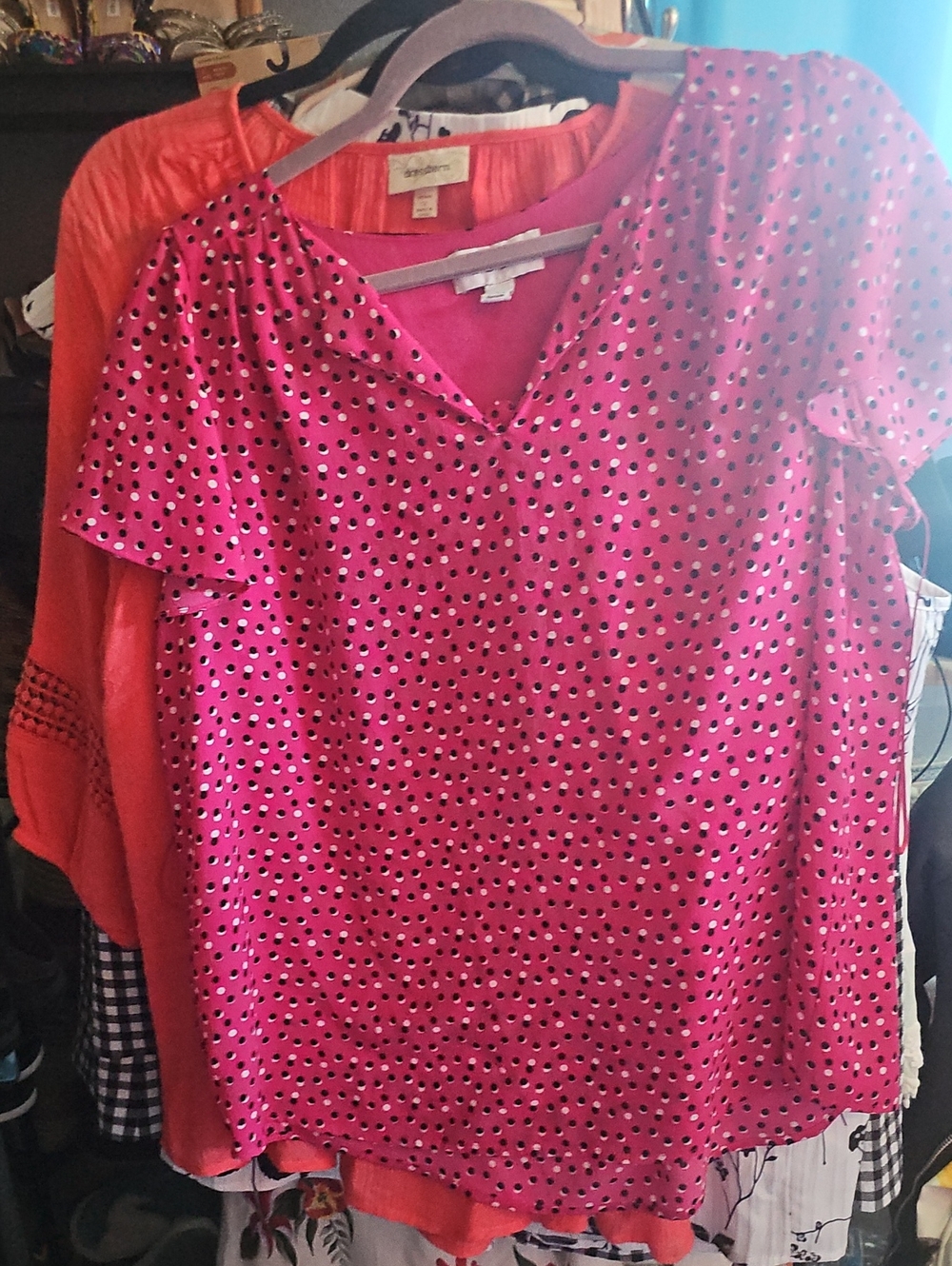 Elle Hot Pink Blk/wht Poka Dot Blouse